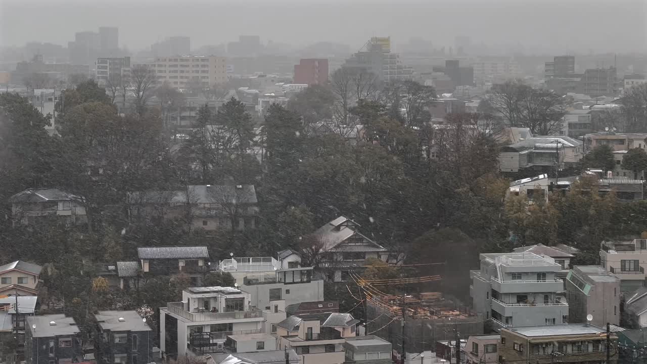 High-rise view of Futakotamagawa on a snowy day, overlooking the neighborhood. Snowflakes drift through the grey, overcast sky, capturing a rare and gloomy winter scene in Tokyo