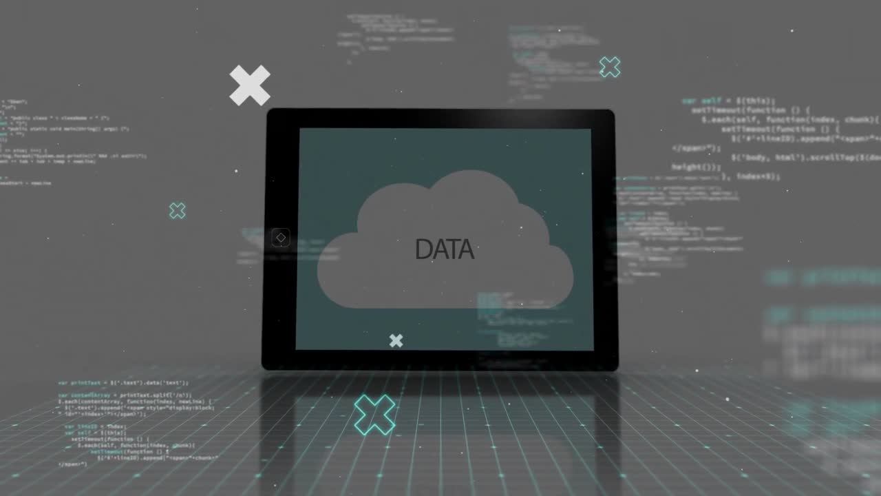 Smartphone drifting linking cloud rotating into data tablet showing monitors streaming code