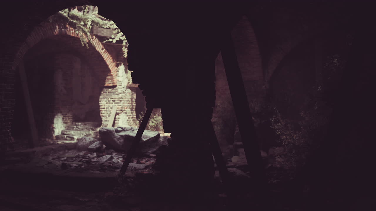 Mysterious underground ruins illuminated by soft light in darkened chamber