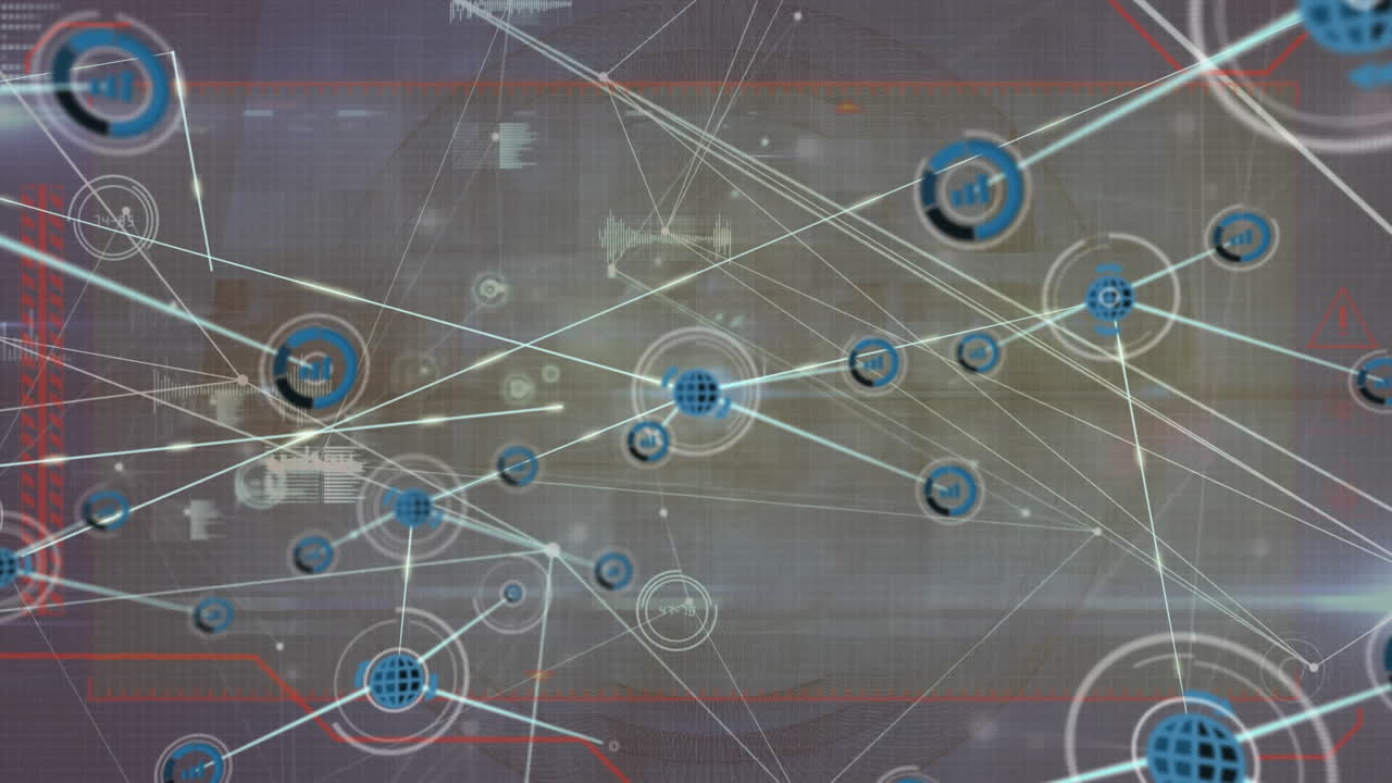 Animation of connected icons by lines, soundwave, graphs against abstract background