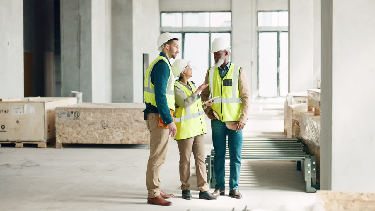 Tablet, building and construction worker team