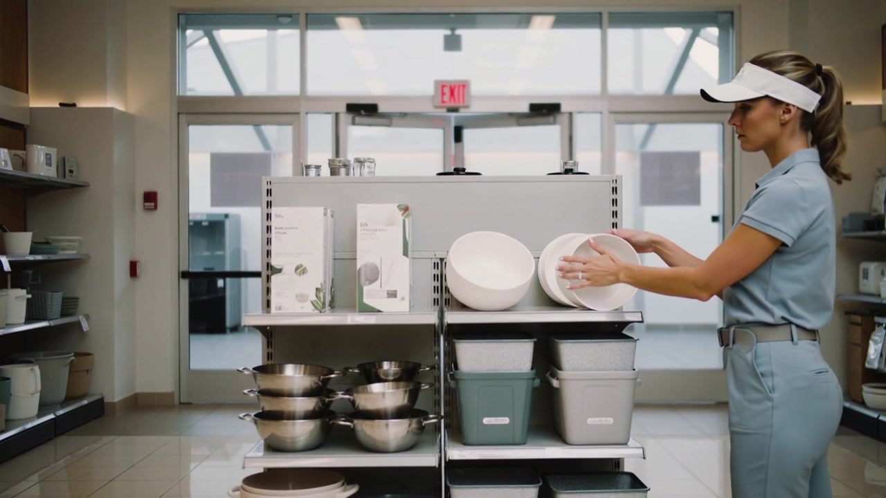 Retail Employee Organizing Kitchenware on Store Shelf