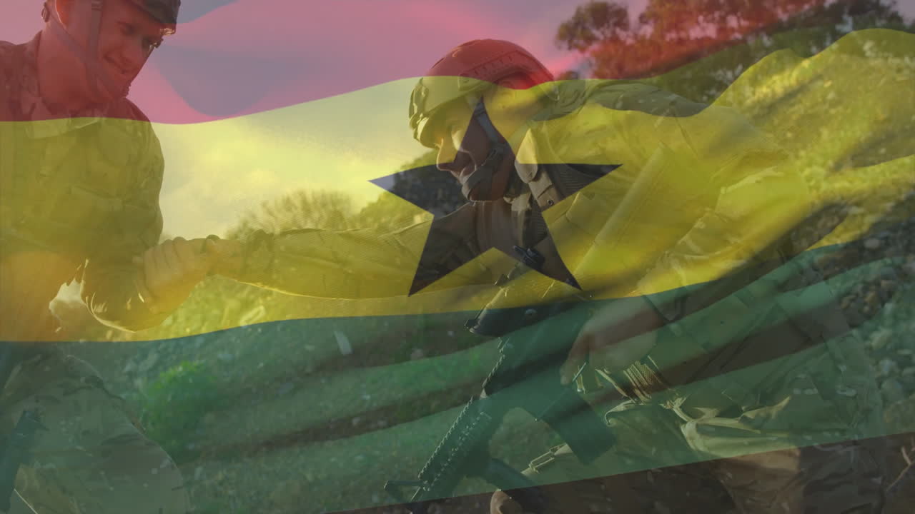 In animation, soldiers in action with Ghana flag overlaying scene