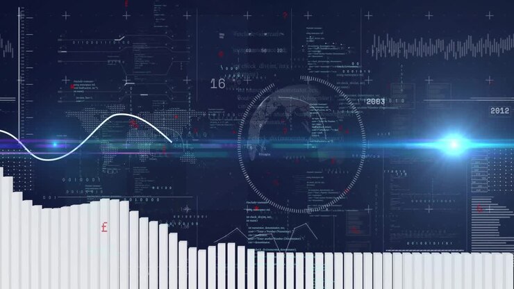Bars rising from bottom starting sine-wave crossing as globe rotating with code animating dashboard