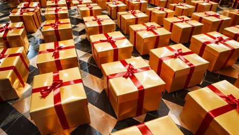 a large number of gold boxes with red ribbons and bows