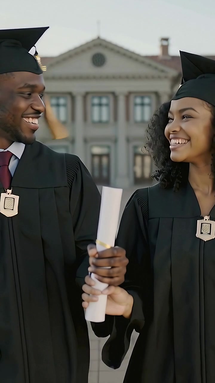 Vertical video: Walking gowned graduates holding diploma on quad, ceremony cue sparking laughter