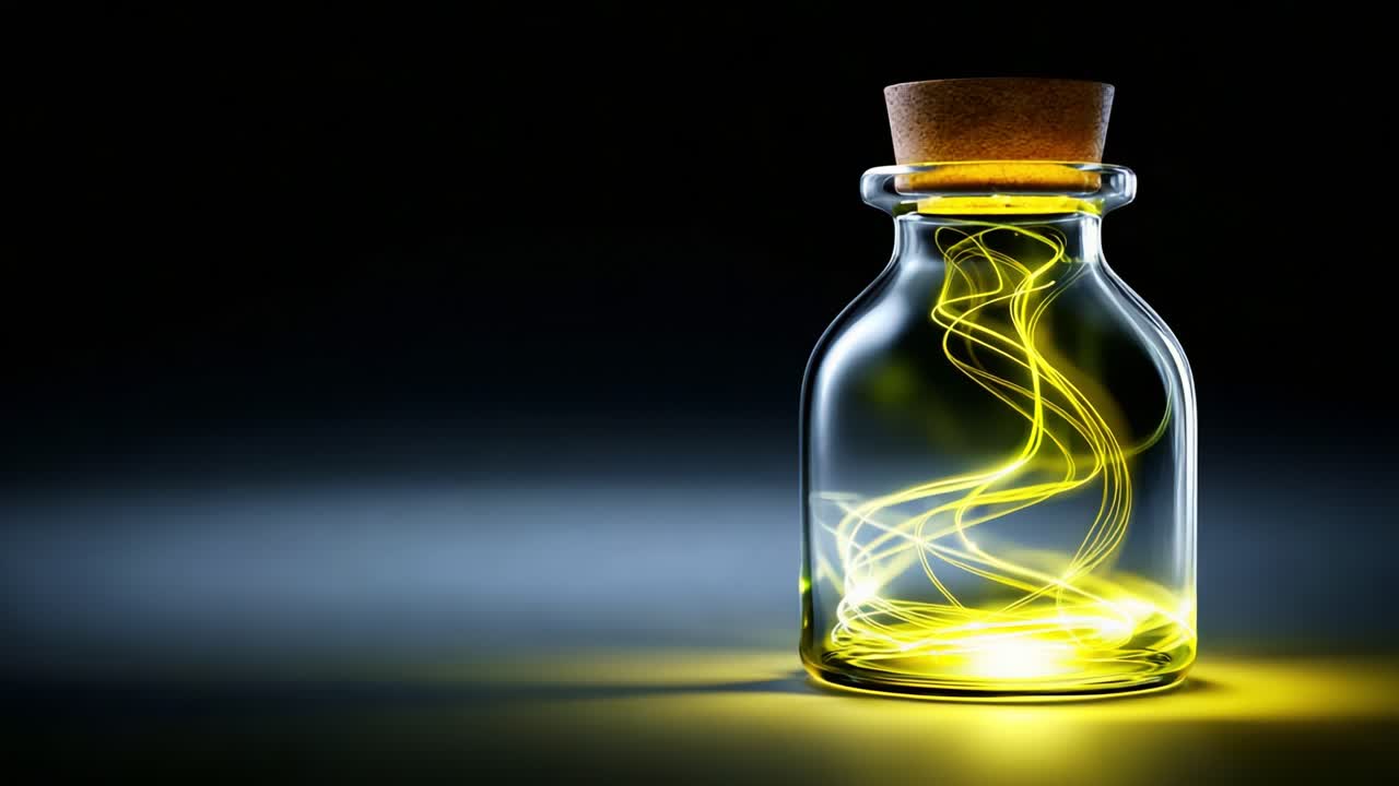 A captivating display of swirling yellow light captured inside a glass bottle, illuminated from below to create a mesmerizing visual effect against a dark background