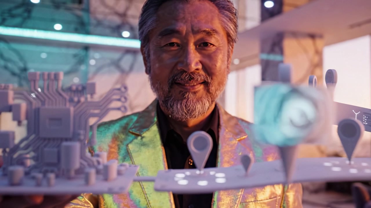 Um homem carismático em uma jaqueta cintilante exibe um modelo de cidade futurista com elementos digitais, simbolizando inovação e tecnologia avançada em um cenário moderno.