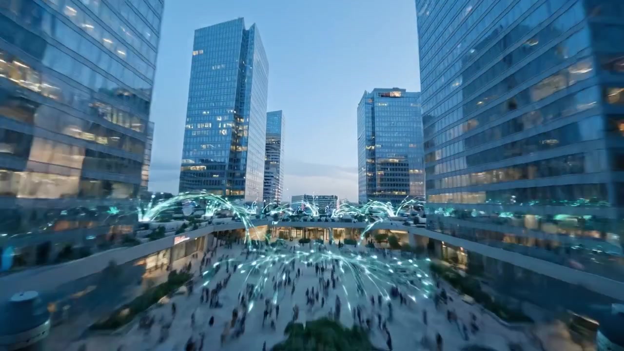 夕暮れの変貌する都市景観：現代建築と脈動する光の軌跡が都心に活気ある雰囲気を創り出す、息をのむような眺め。