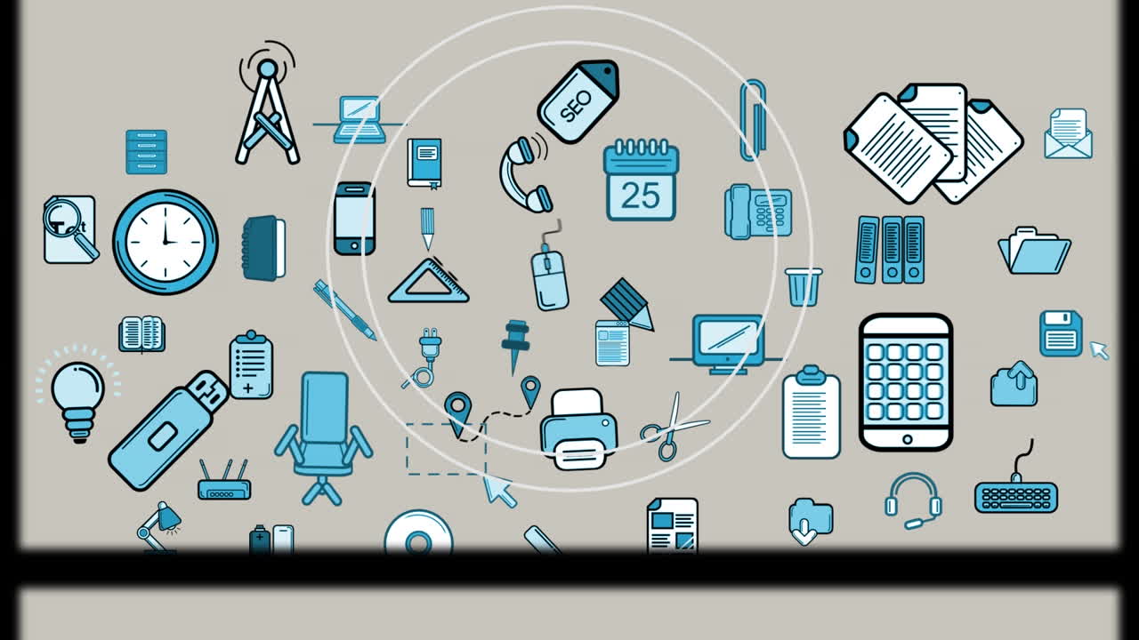 베이지색 배경에 다양한 비즈니스 아이콘이 있는 테이프 릴의 애니메이션