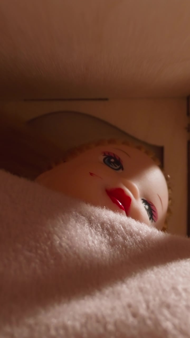 Bambola divertente giace sotto una coperta rosa su un letto a castello giocattolo in legno nella casetta mentre la luce si spegne nella cameretta dei bambini, vista ravvicinata con zoom indietro.