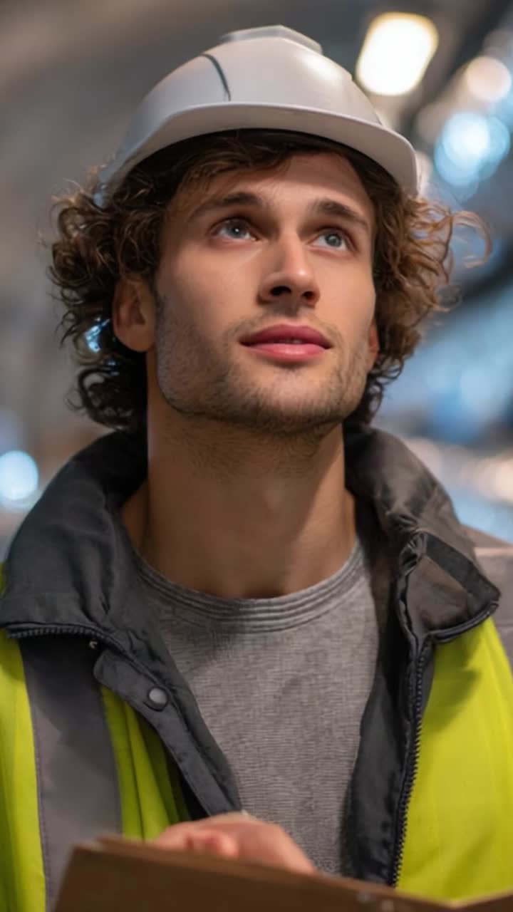 A Young Construction Worker in Safety Gear Gazes Upwards Enthusiastically in a Brightly Lit Industrial Environment Captured in Two Video Frames