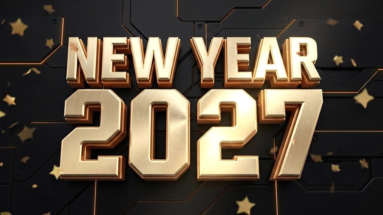 Animazione del testo dorato "Capodanno 2027" con coriandoli che cadono