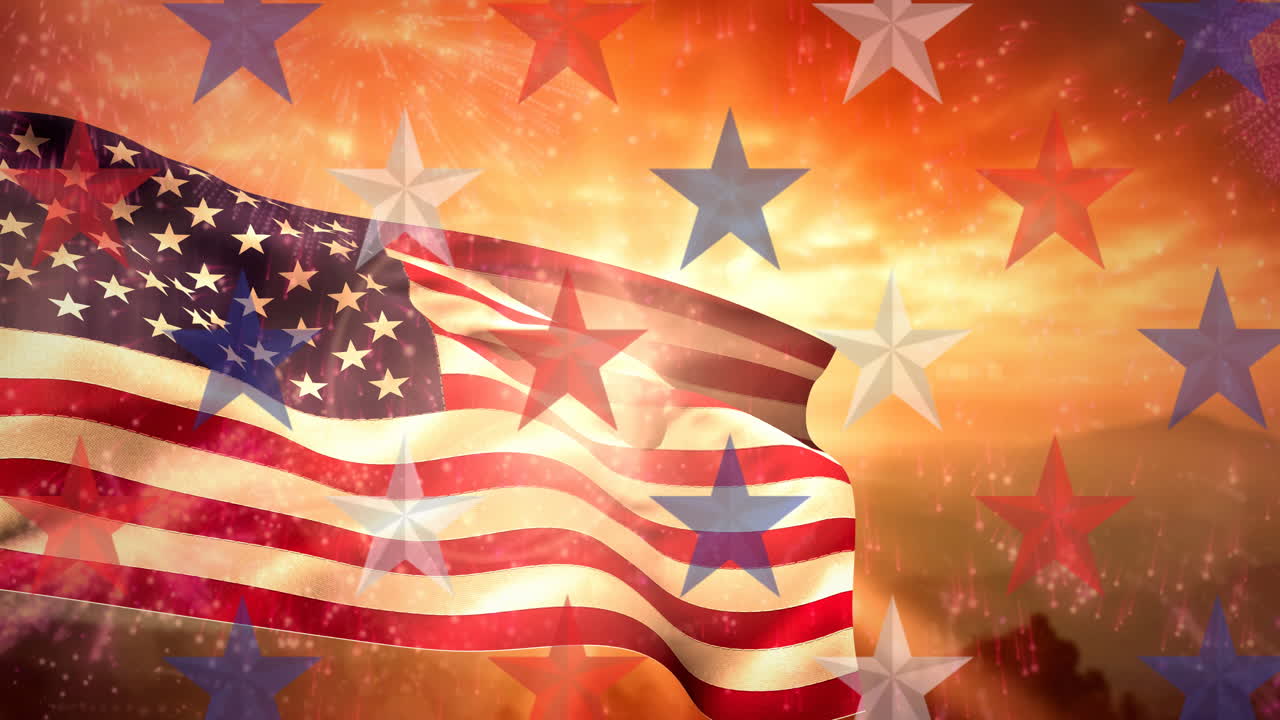 Animation of stars moving over american flag and fireworks