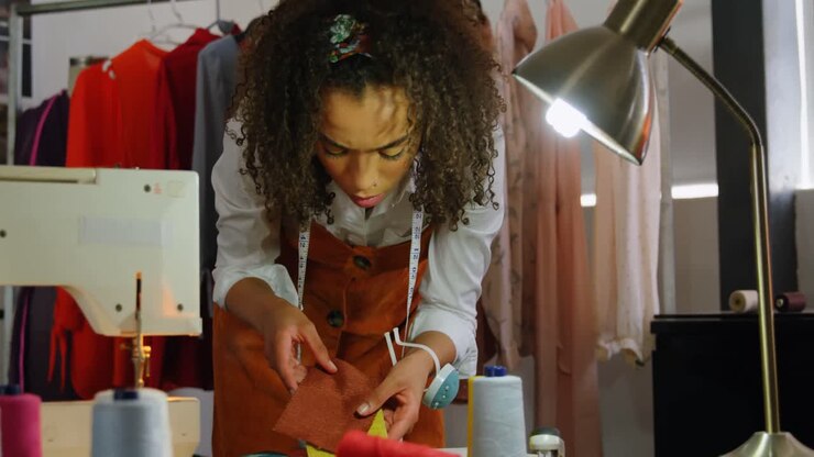 Vista frontale di una stilista donna afroamericana che esamina campioni di tessuto in laboratorio 4k