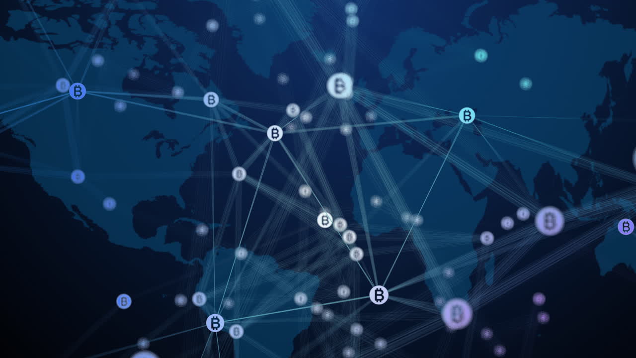 Dots with a bitcoin symbol connected by lines move chaotically on a dark blue world map background. Looped animation with money coins. Block global network connections.