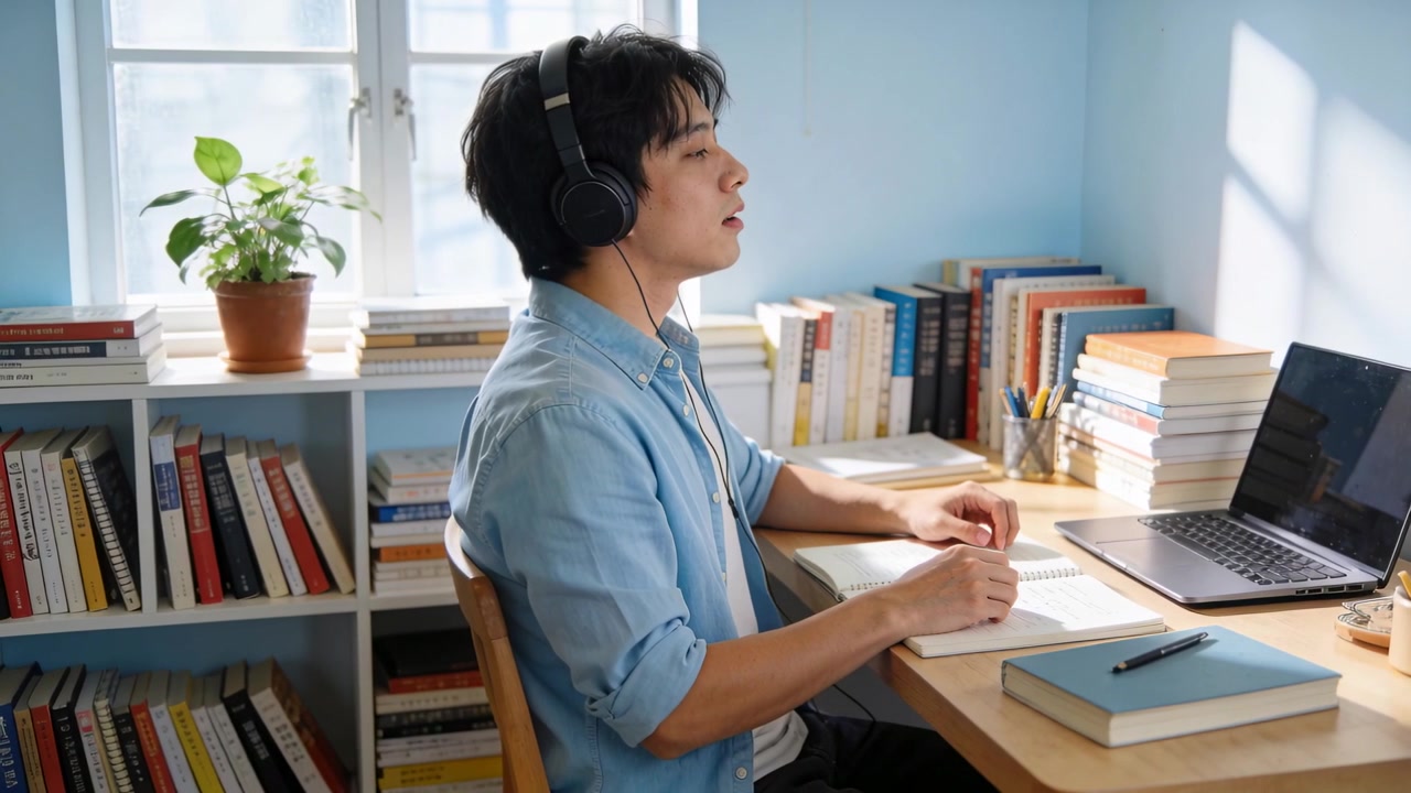 自宅で水色のシャツを着たアジア人男性が、音声を聞きながらノートパソコンでメモを取っている