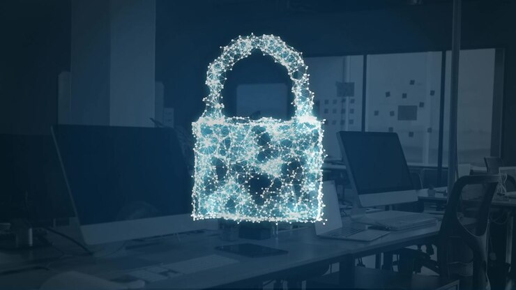 Digital Cloud and Security Shield Animation in Modern Office