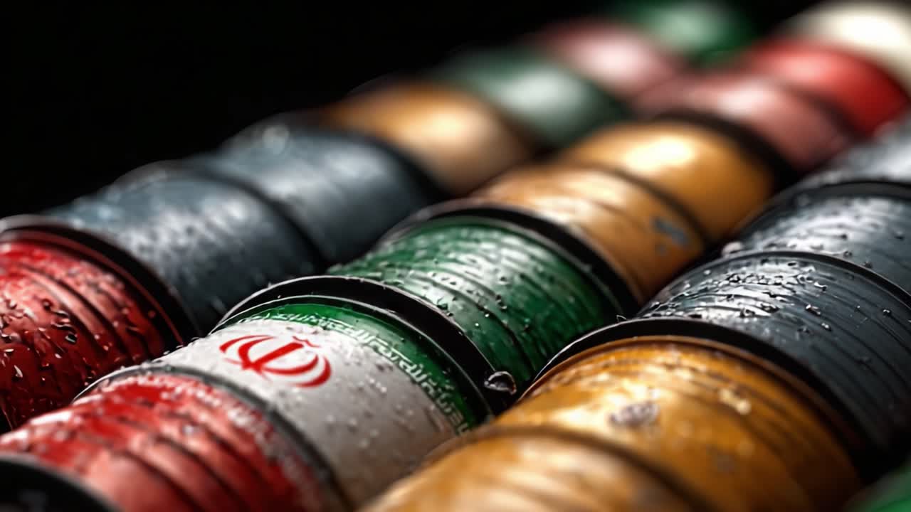 Primo piano di bidoni d'olio colorati con goccioline d'acqua, caratterizzati da colori e motivi distintivi che ne esaltano l'estetica industriale.