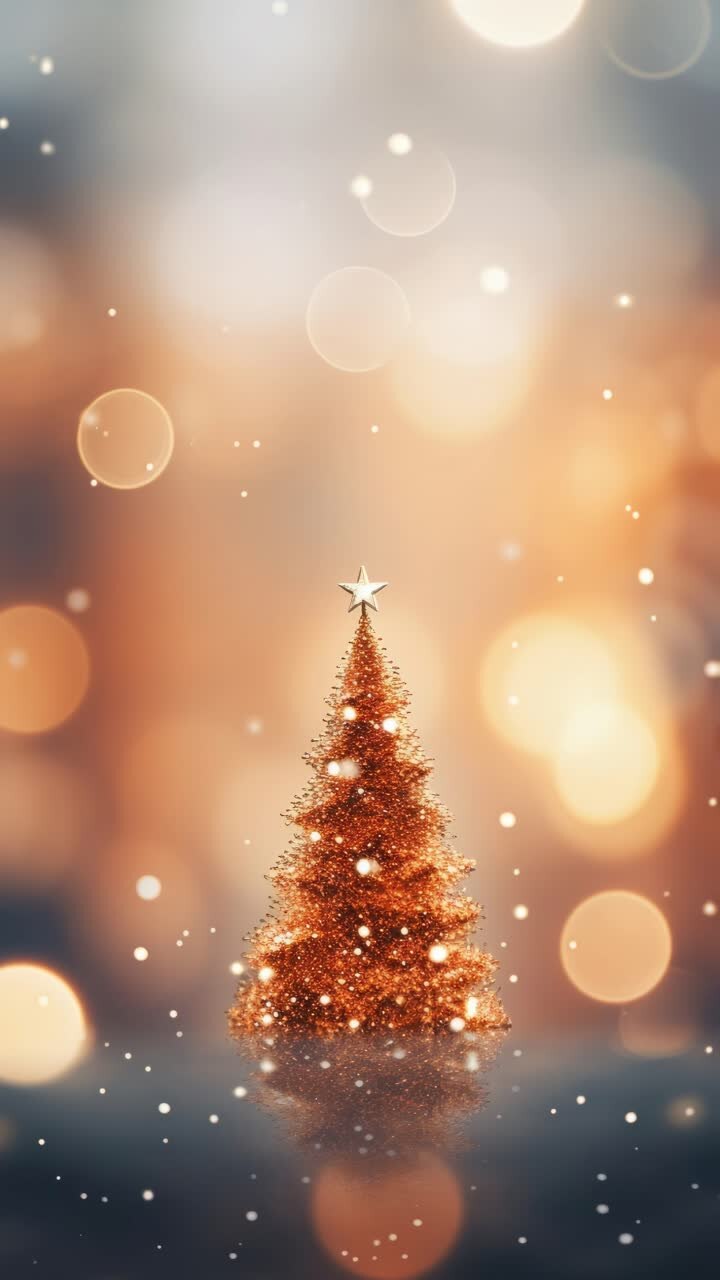 Festive Christmas tree with bokeh lights, captured in a video from a low angle