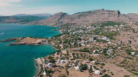 Aerial-view-of-quaint-beach-resort---Pefkos-on-Rhodes-island,-Greece