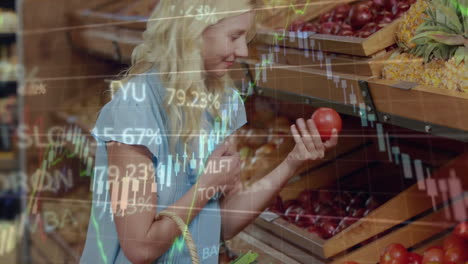 stock market data animation over woman shopping for fruits in grocery store