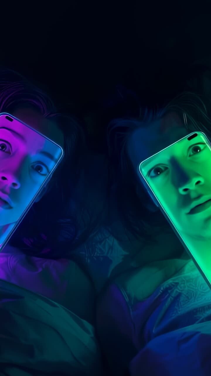 Vertical video: Holding phones above faces couple lying in bed, sharing quiet time in colored glow