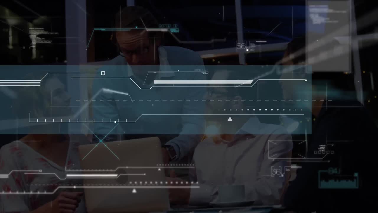 Animation of data processing over business people using laptop