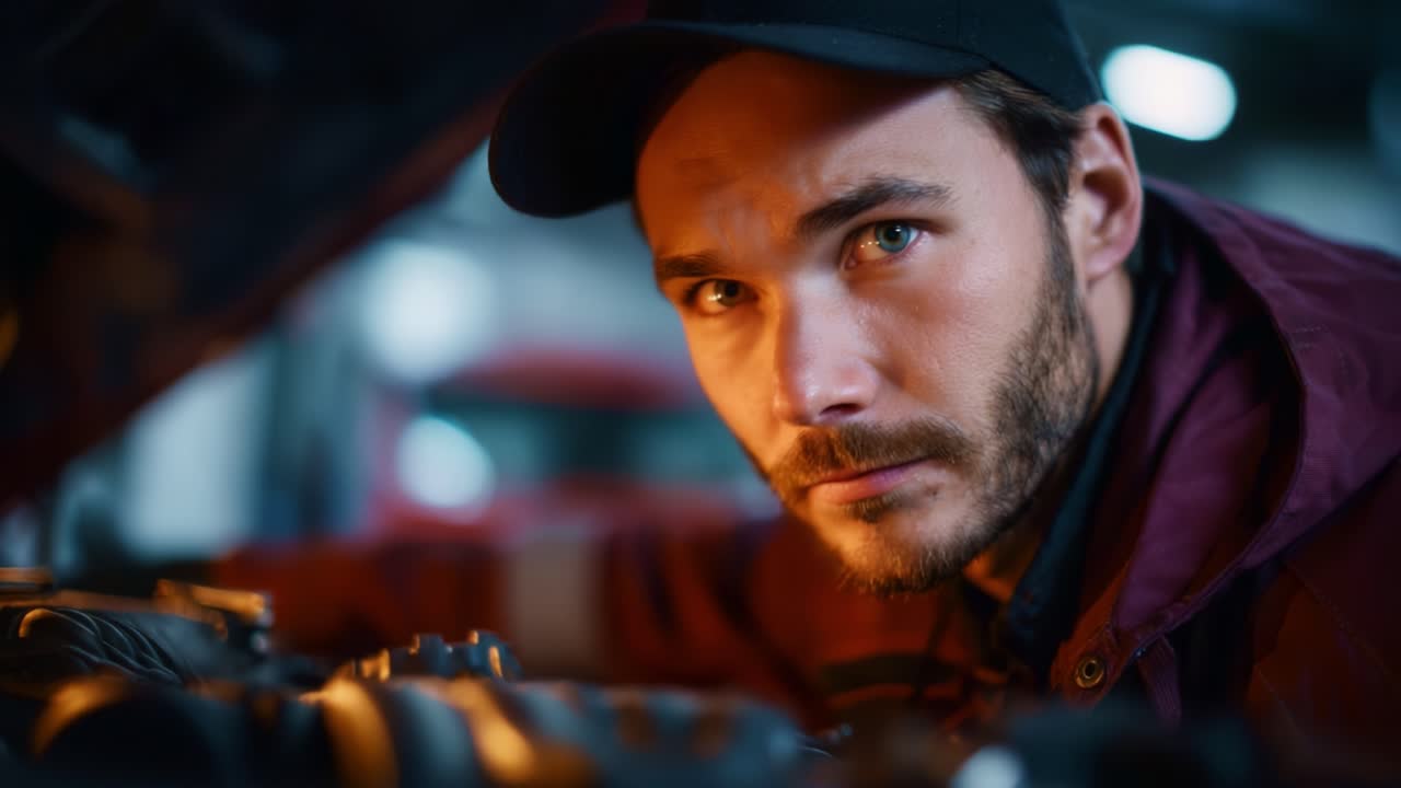 A skilled mechanic focused on the intricate details of a vehicle's engine, demonstrating expertise and dedication in the auto repair industry with heightened concentration