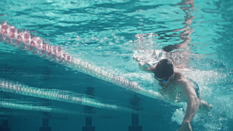 close up slow motion of professional athlete swimming freestyle underwater, 4k