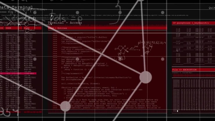 Opening wireframe cube overlay, formulas appearing and terminal interface loading code showing flow
