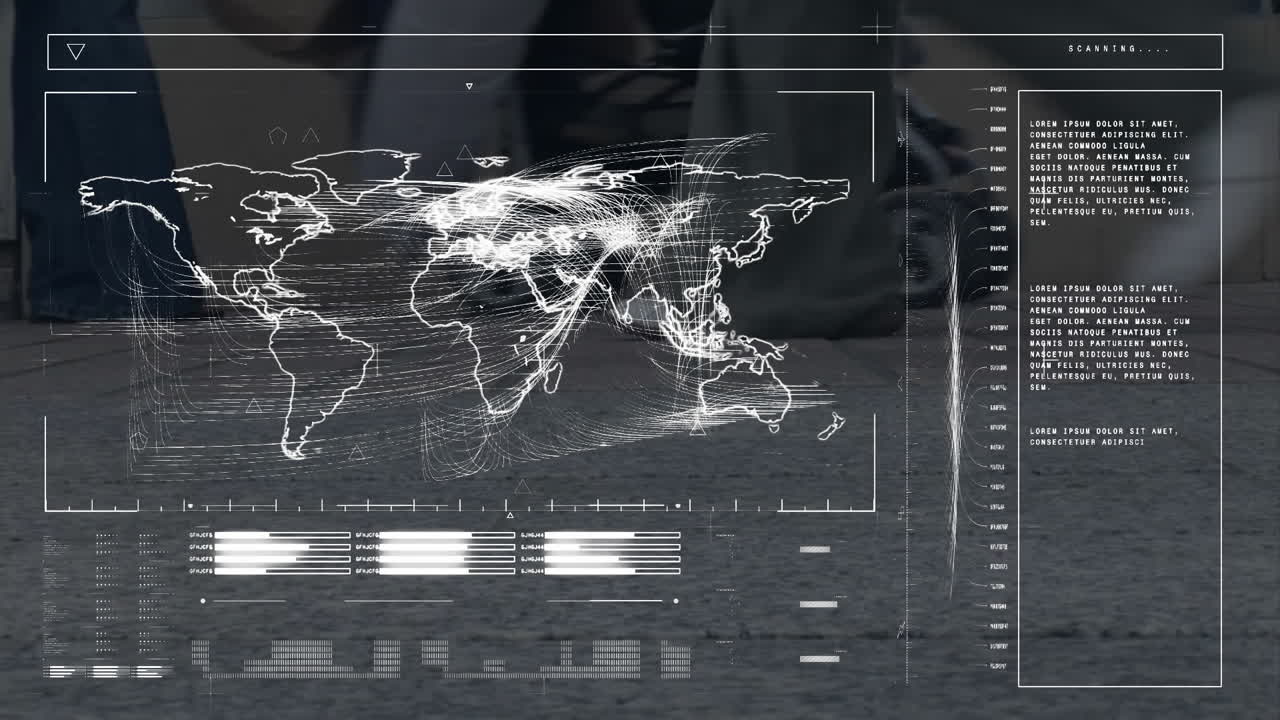 World map with data lines and text animation over people walking on street