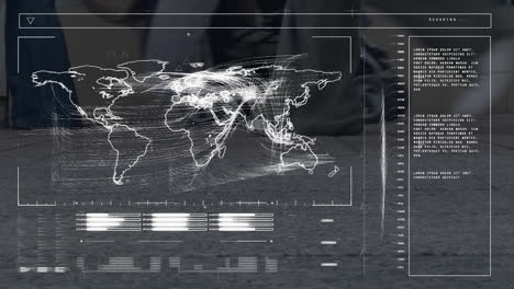 world map with data lines and text animation over people walking on street
