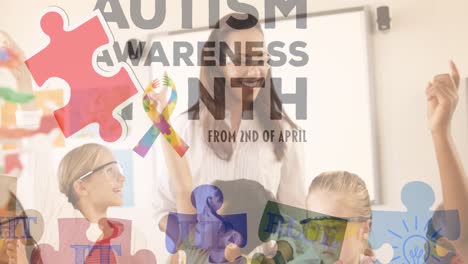 animation of puzzles falling, autism awareness month text over female teacher and school children