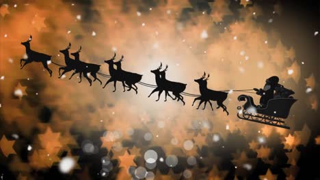 santa silhouette in sleigh with reindeer flying with magical stars