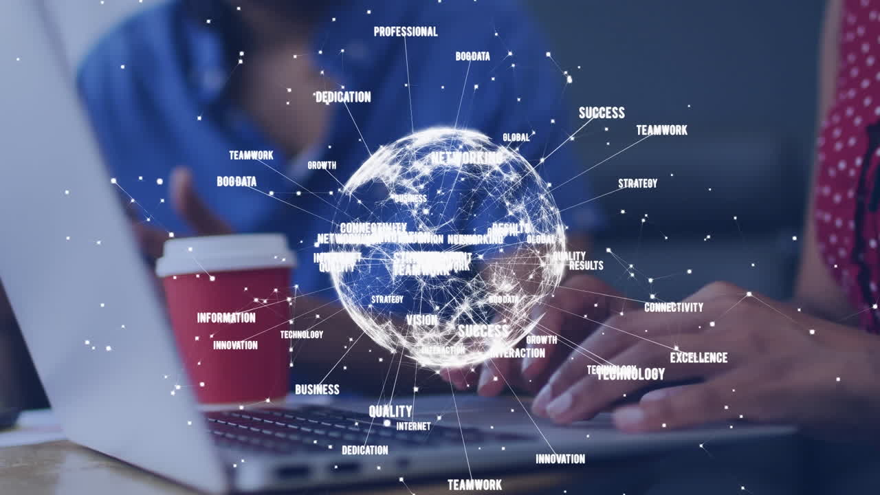 animación del globo con textos de negocios sobre diversas personas de negocios en la oficina.