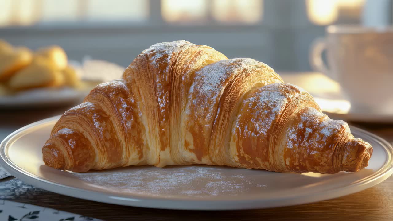 Golden brown croissant sprinkled with powdered sugar sits on a white plate, accompanied by a cup of coffee and pastries in the soft morning light