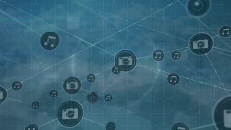 animation of connected icons and connected dots over globe against dense clouds in background