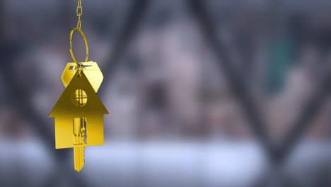 Animation-of-golden-house-keys-hanging-against-blurred-background-with-copy-space