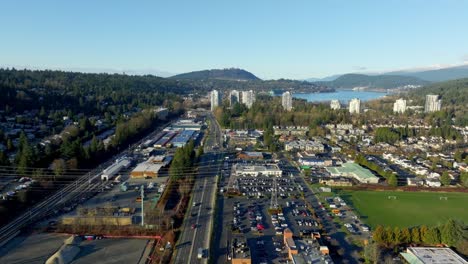 flying above barnet highway at the border of port moody and coquitlam in bc, canada