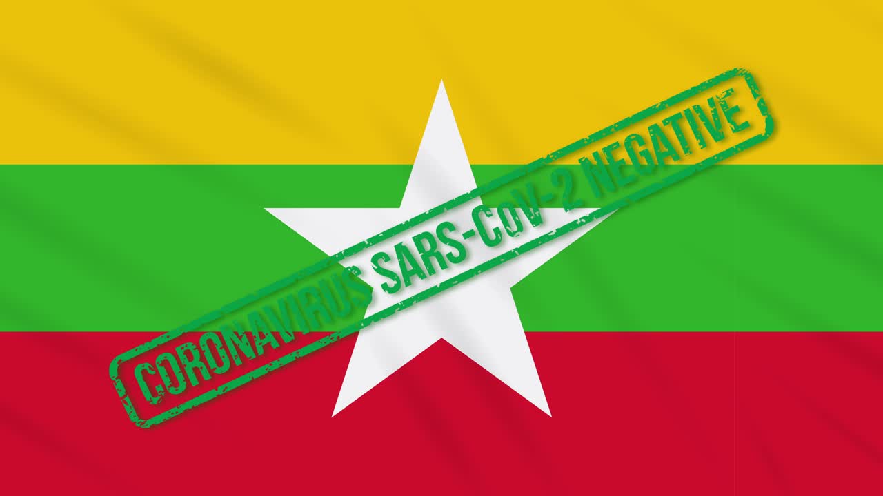 myanmar balanceando la bandera con el sello verde de la libertad del coronavirus, bucle