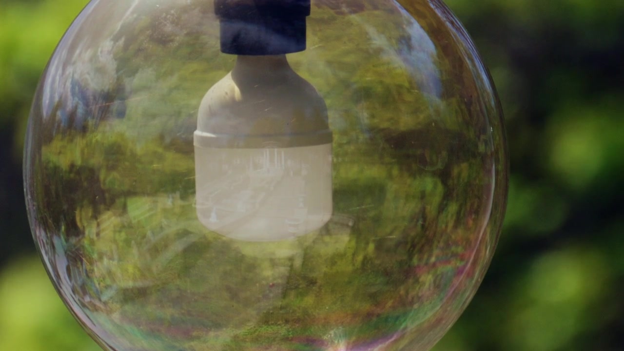 Una grande lampada da esterno con un filamento visibile è mostrata in primo piano. Il vetro riflette la vegetazione circostante e il paesaggio esterno.