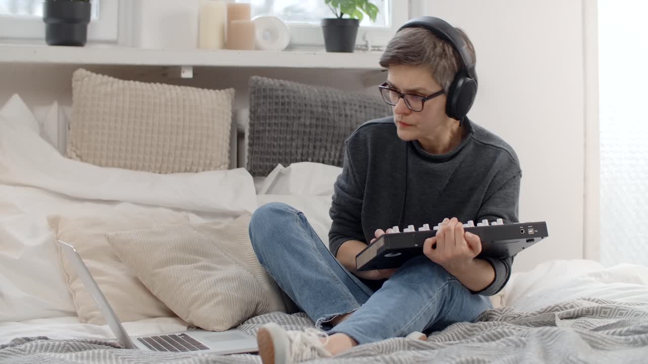 Woman creating music in her bedroom home studio