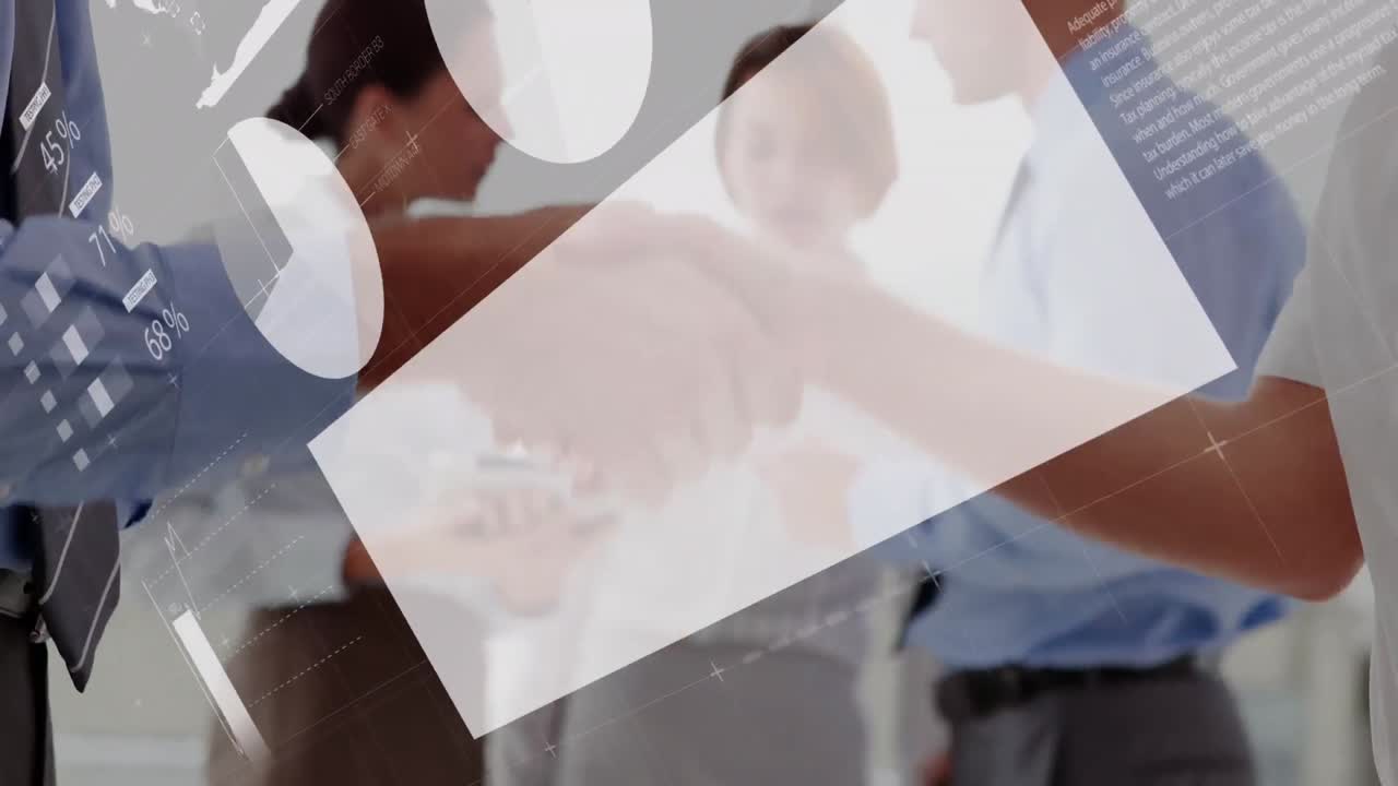 Animation of statistics and data processing over businessman handshake