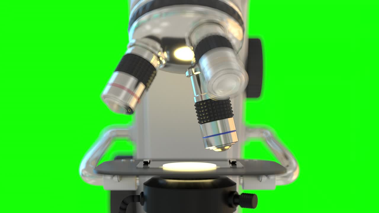 4K conceptual medical clip art - modern electronic scientific microscope, front view with bokeh effect - isolated on green screen for chromakey use, UHD 60 FPS 3D animation
