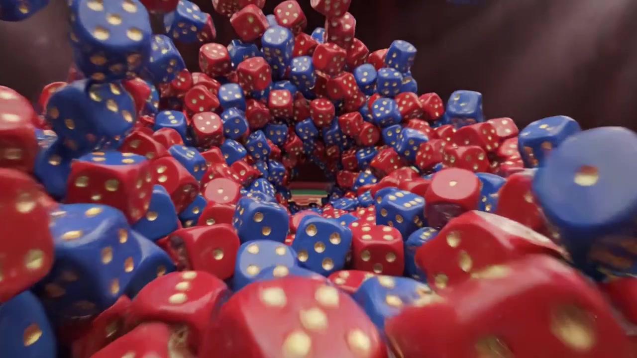 En levende kaskade af røde og blå terninger eksploderer på spillebordet og skaber et fængslende visuelt udtryk af chance, held og spænding i bevægelse