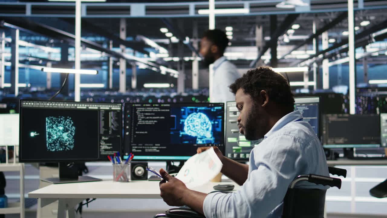 Server hub admin with paraplegia receiving paperwork documents from colleague