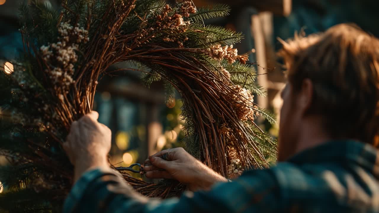 Crafting a Beautiful Wreath: A Skilled Artisan at Work Creating an Exquisite Floral Decoration with Natural Materials in a Warm, Inviting Environment
