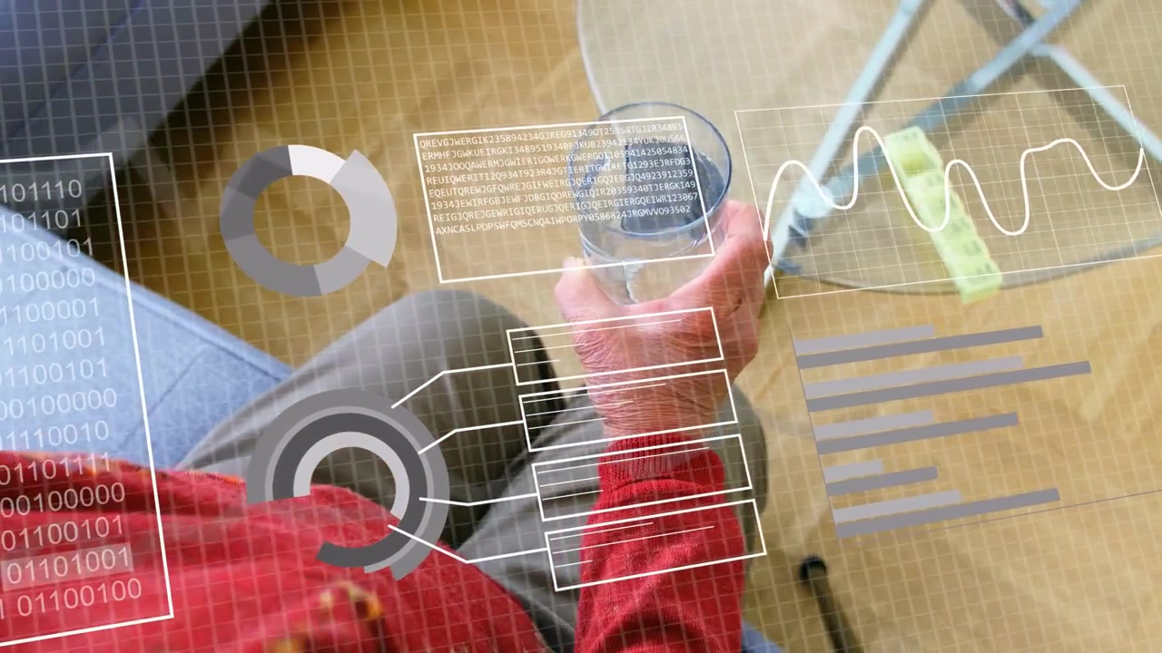 Senior woman handling green item, AR HUD showing health charts, lifting clear glass for monitoring