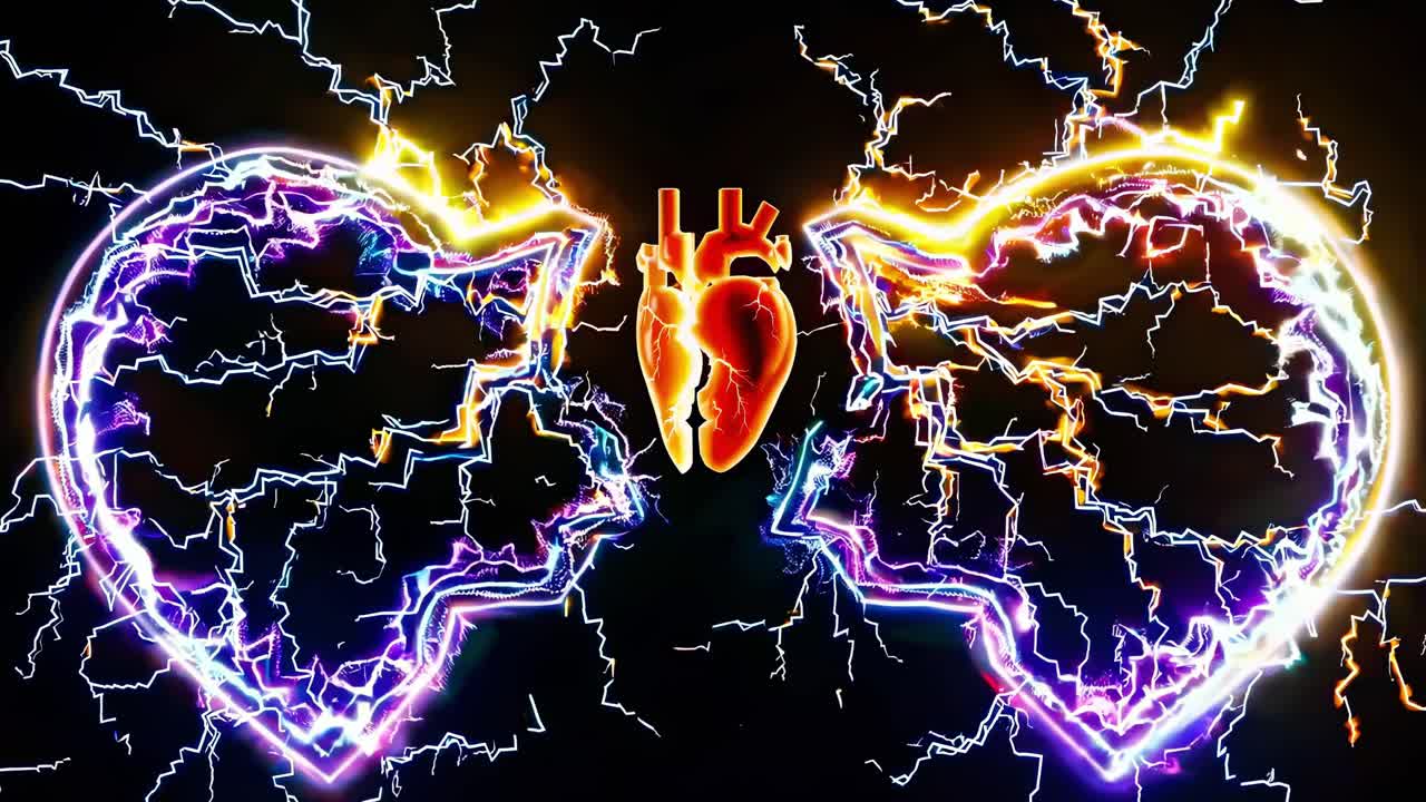 Pulsating electric heart splitting into two halves, surrounded by dynamic lightning, shifting colors against dark background, symbolizing emotional transformation